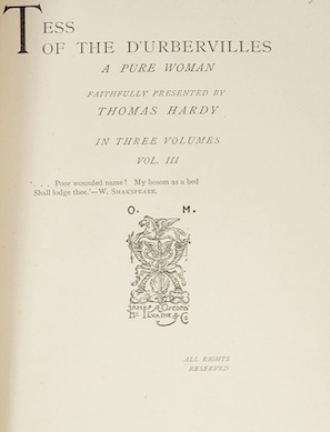 Hardy, Thomas - Tess of the D'Urbervilles a pure woman faithfully presented...in three volumes, London: James R. Osgood, McIlvaine and Co., 1891, 8vo, with half titles, contemporary red crushed half morocco, green silk b